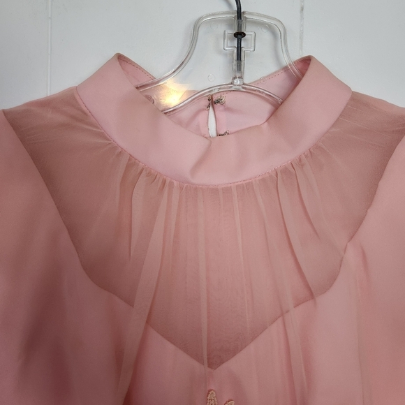 Vintage Pink Floral Mod Party Dress Taffeta Formal Gown High Neck 60s Small - Picture 4 of 14